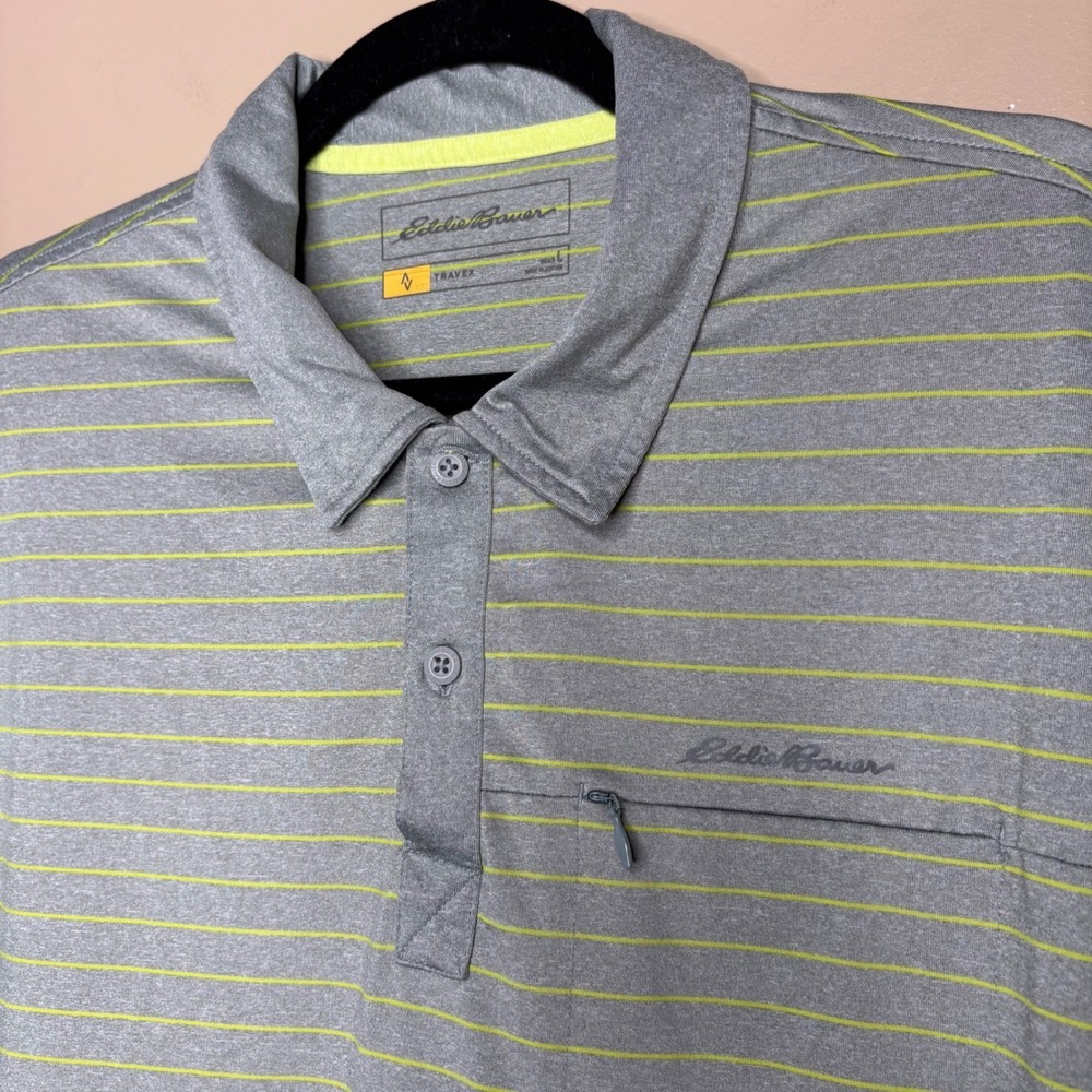 Eddie Bauer Travex FreeDry Mens Large Striped Zip Pocket Polo Shirt Performance